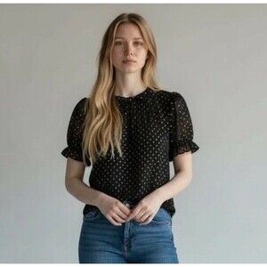 J. Crew Black Gold Dot Sheer Puff Sleeve Smocked Neck Blouse Top Size Medium